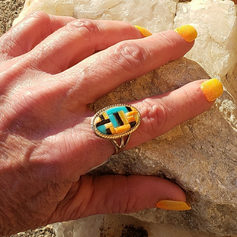 Silver Ring with Inlaid Gemstones, sz 7